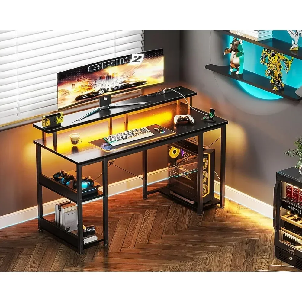 48 inch Gaming Desk with LED Lights & Power Outlets, Computer Desk with Monitor Stand & Storage Sheves, CPU Stand