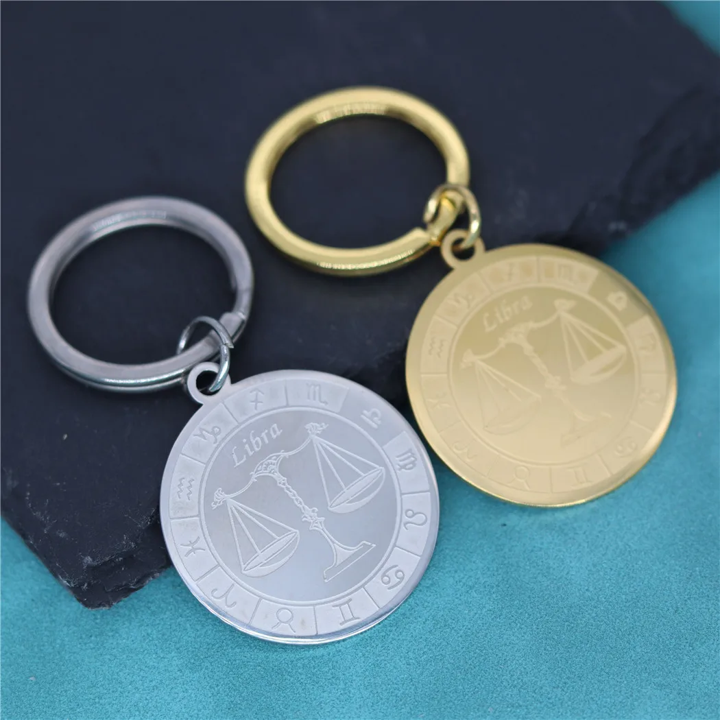 Nedar Constellation Libra Pendant Keychain For Women Men Stainless Steel Girl 12 Zodiac Keyring Jewelry Gift Bijoux Key Chain