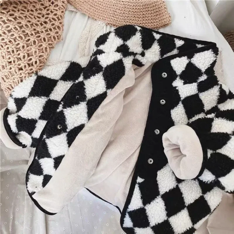 Spring Autumn New Korean Plaid Kawaii Fashion Kids Jacket Plus Fleece Warm Cute Children's Clothing Woolen Lamb Wool Casual Coat