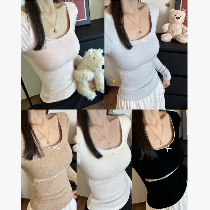 Korean Style Long Sleeve T-Shirt Women's Lace Trimmed U-Neck Base Layer Top with Chest Pad Double Color Cashmere  Knot