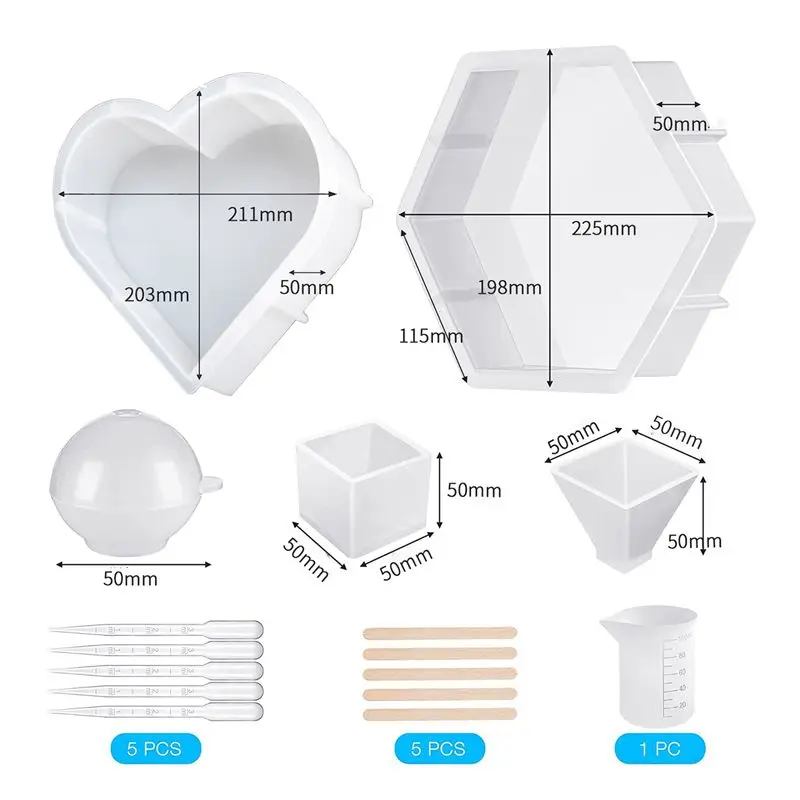FOR HOME Resin Molds Silicone Kit, Large Silicone Molds for Epoxy Resin, Flowers Preservation, Including Hexagon, Heart, Sphere,