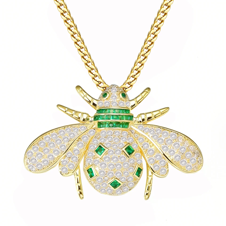 VANAXIN Cute Bee Pendant Necklace for Women Men 14k Gold Plated Sparkling Zircon Inlaid Hip Hop Jewelry Fashion Statement Charm