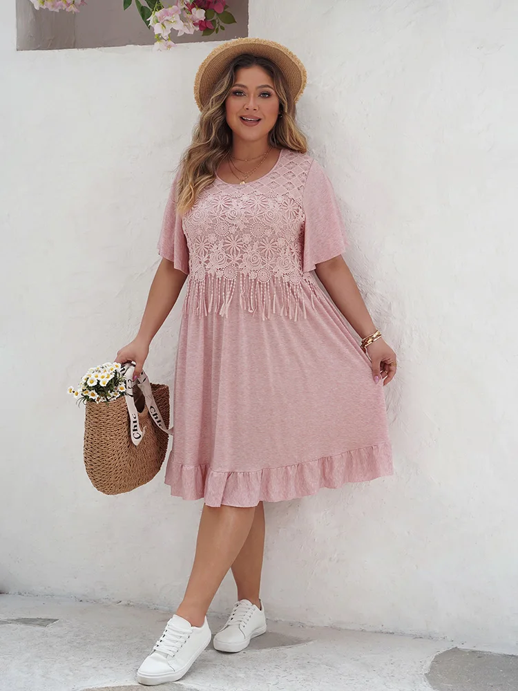 GIBSIE Plus Size Contrast Lace O-Neck Butterfly Sleeve Summer Dress Women 2024 Boho Tassel Casual Ruffle Hem Midi Dresses