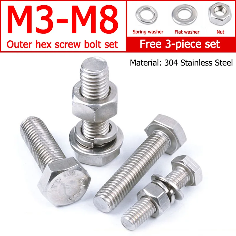 4 In1 Set M3 M4 M5 M6 M8 304 Stainless Steel Hexagon Screw Nut Flat Washer Spring Washer Gasket Bolt Combination Length 8-150mm