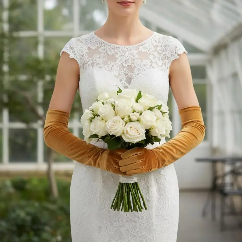 1 Paar flauschige, elegante, einfarbige Samthandschuhe für Damen, 53 cm lang, mit vollem Fingerbereich, für Abendkleider, Etikette, Bühnenauftritte und Partys – Detail 10