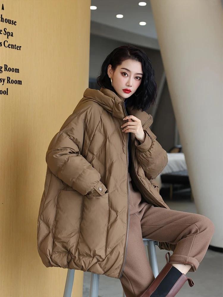 Down Jacket Women\'s New Style White Duck Down Hooded Korean Version Loose Simple And Versatile Coat Trend