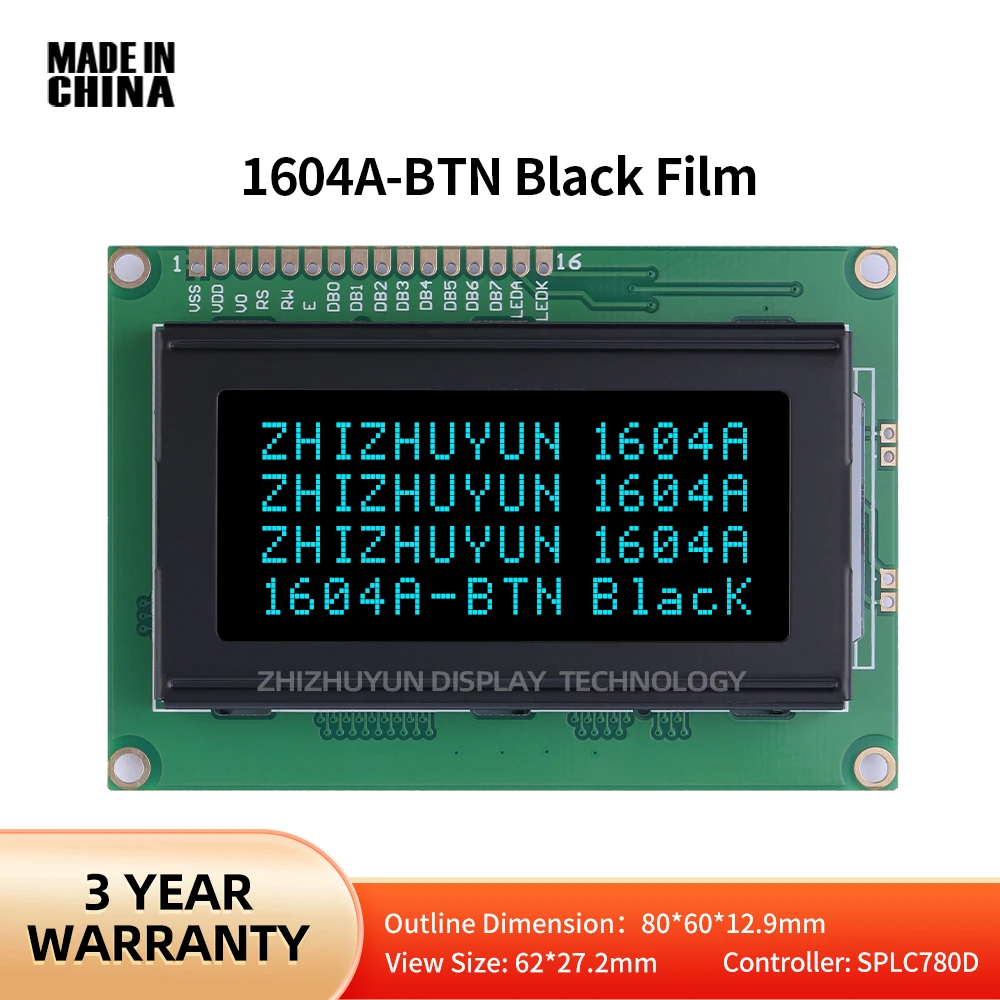 1604A Modular LCD Dot Matrix Screen 16Pin Standard Interface BTN Black Film Ice Blue Characters LCD Screen Spot Module