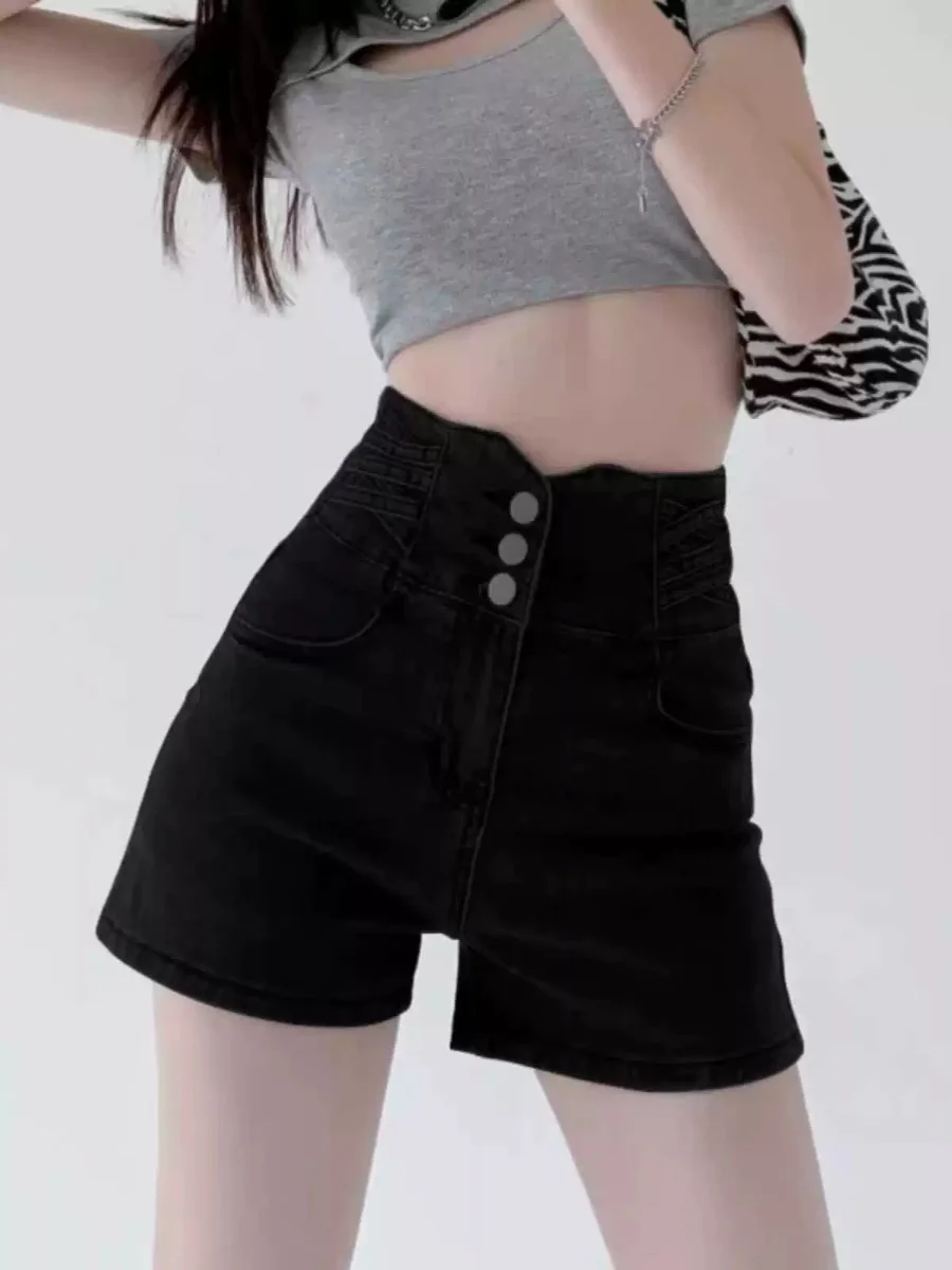 

High Waist Black Denim Shorts Women Summer New plus Size Flattering Slimming Hot Pants Wide Leg Short Skirts for Trendy Girls