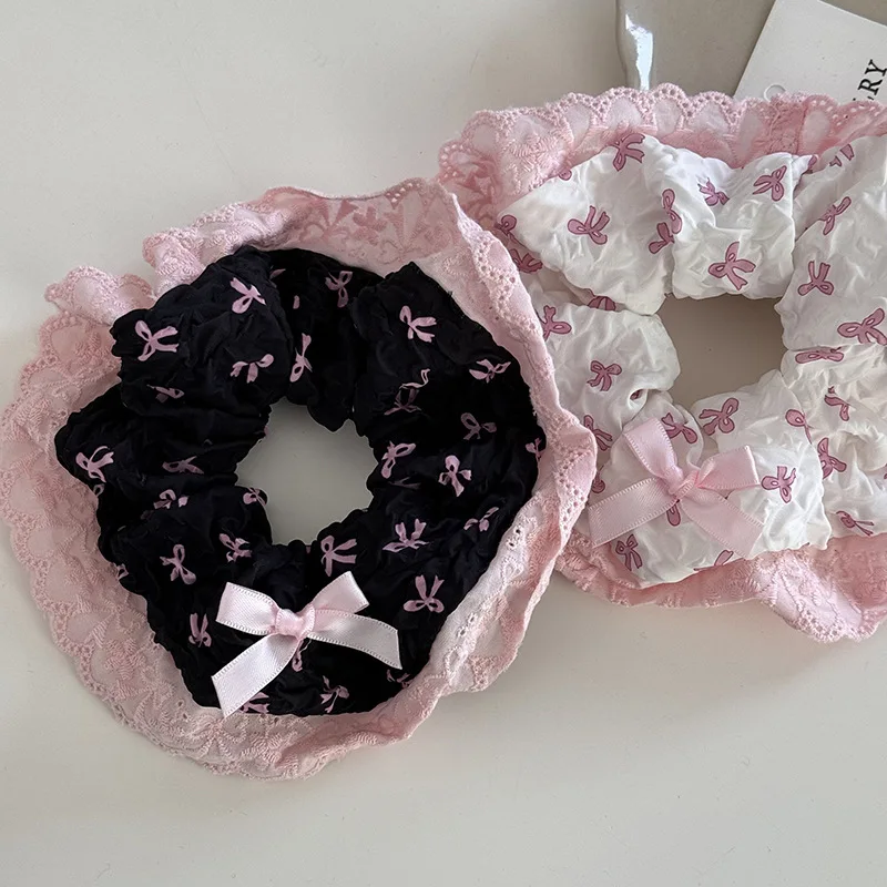 Sweet Pink Sweet Bow Pink Lace Large Intestine Hair Band Women\'s High-Grade Korean Style Large Hair Rope Headwear hair accessory