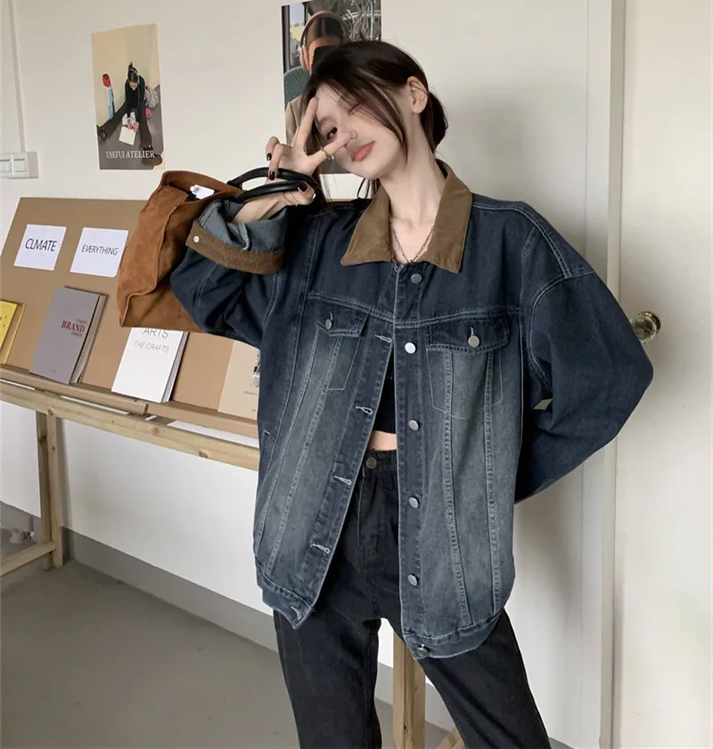 Turn-down Long Sleeved Denim Jacket Patchwork Style Women's Loose Medium Length Jackets Spring Autumn New Premium Feel Loose Top