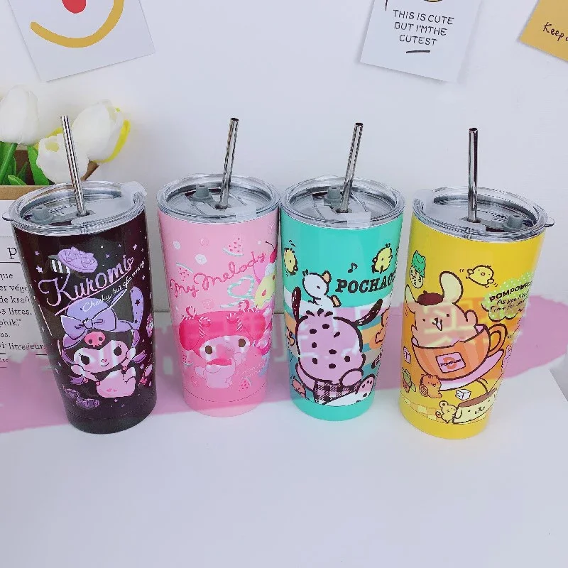 Miniso Cartoon Sanrio Straw Mug Hello Kittys Accessories Cute Anime 600Ml Car Cup Keep Cold Thermal Insulation Toy for Girl Gift