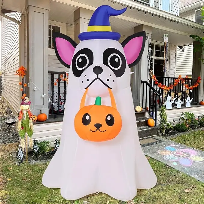 Chien gonflable d'halloween de 5 pieds, décoration extérieure, fantôme de chiot mignon avec LED citrouille pour fête dans le jardin