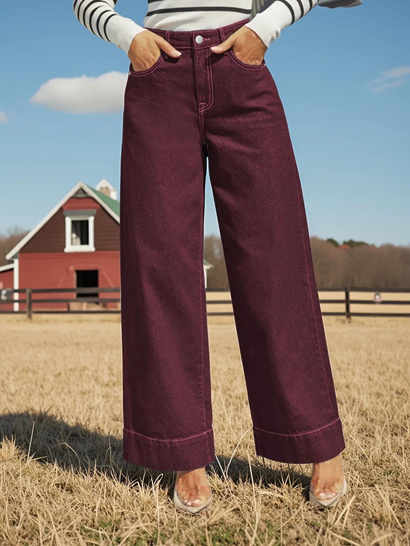 Jean taille haute rouge vin pour femme, jambes larges, en tissu extensible, avec patte de boutons, doux et confortable, slim, délavé, nouvelle collection automne