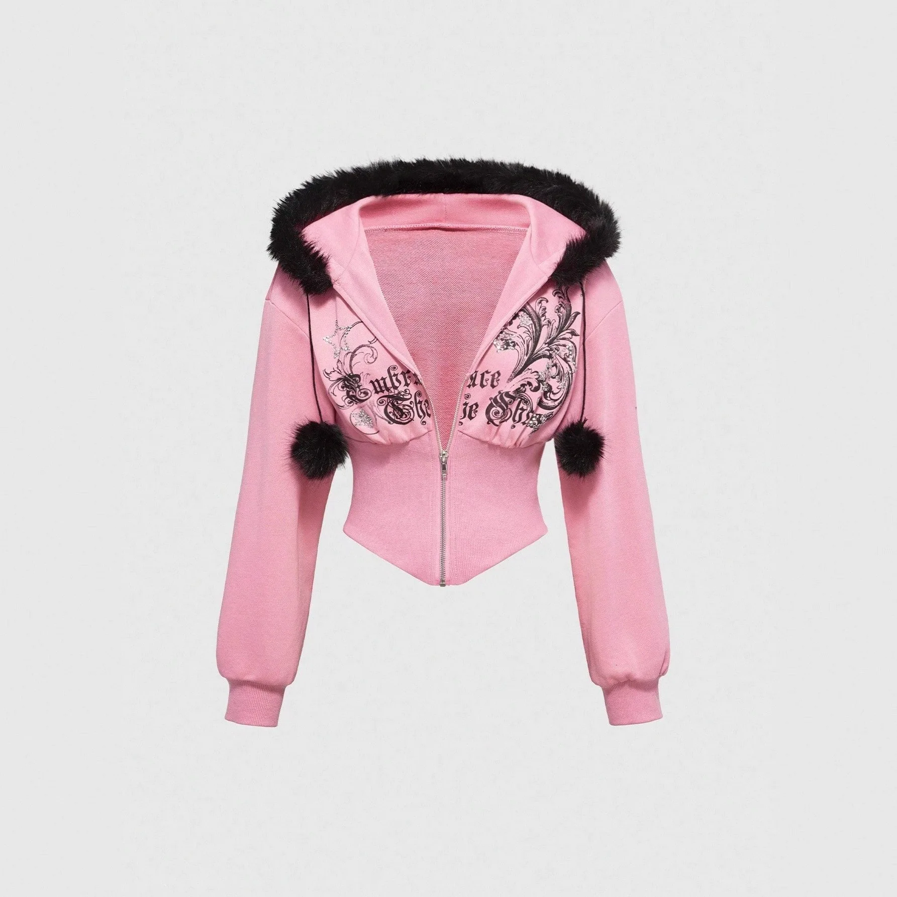 2025 Amerikaanse punk Grunge Esthetische Retro Bontkraag patchwork vest sweatshirt casual ritssluiting taille afslankende korte jas top