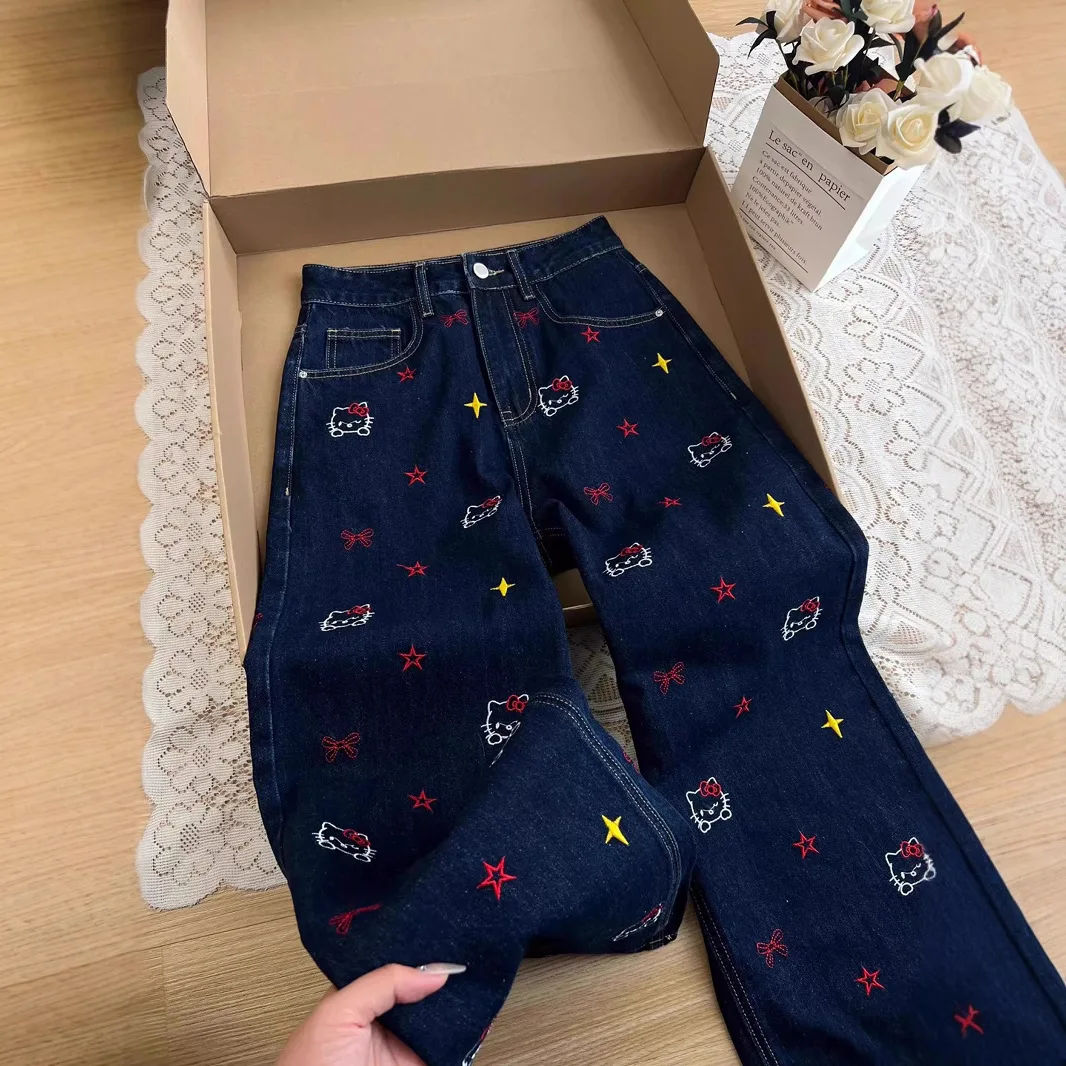 

Женские джинсы Hello Kitty Y2K, свободные широкие брюки для девочек, модные прямые брюки с высокой талией и вышивкой, студенческие повседневные брюки