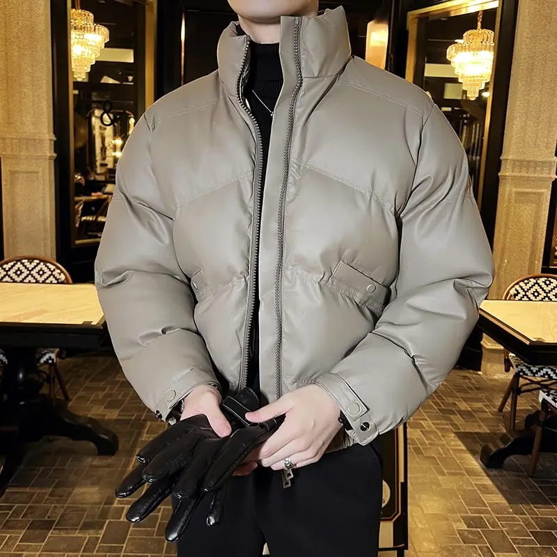 Warmth Short PU Leather Stand Collar Cotton Jacket Men's Style Winter Slim Fit Thickened Bread Style Coat Youth Fashion