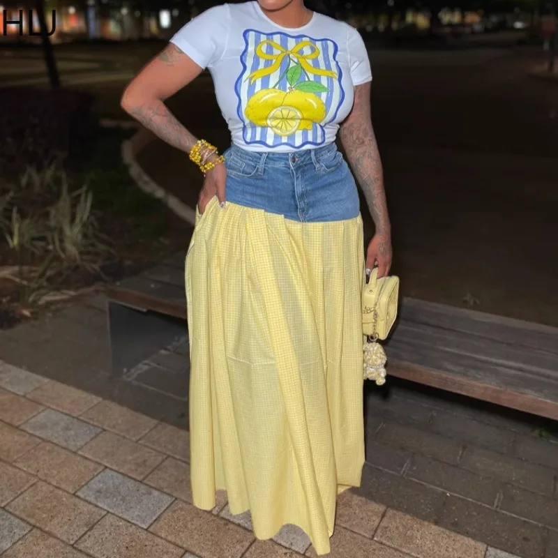 HLJ Y2K Streetwear Fashion Baddie 2 Piece Sets Outfits Hot Girl Short Sleeve T-shirt and Denim Patchwork Plaid Skirt Matching