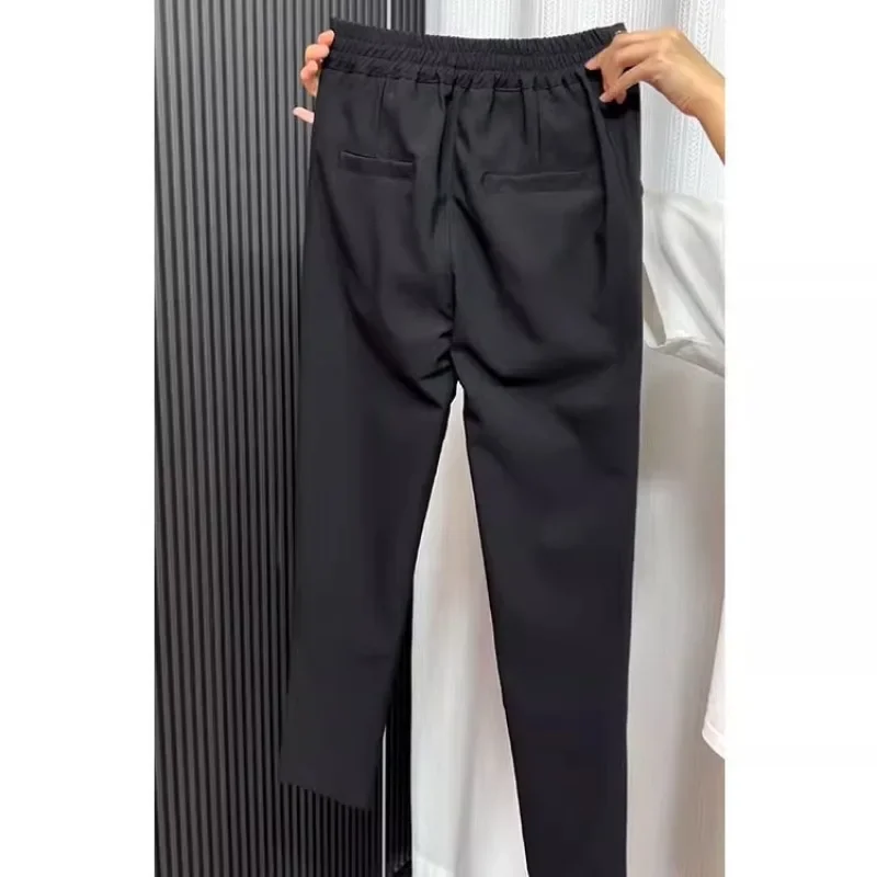 Black Bright Diamond Stitching Casual Pants Fall/Winter New Loose Stretch High Waist Skinny Slim Plus Size Harlan Pants Women