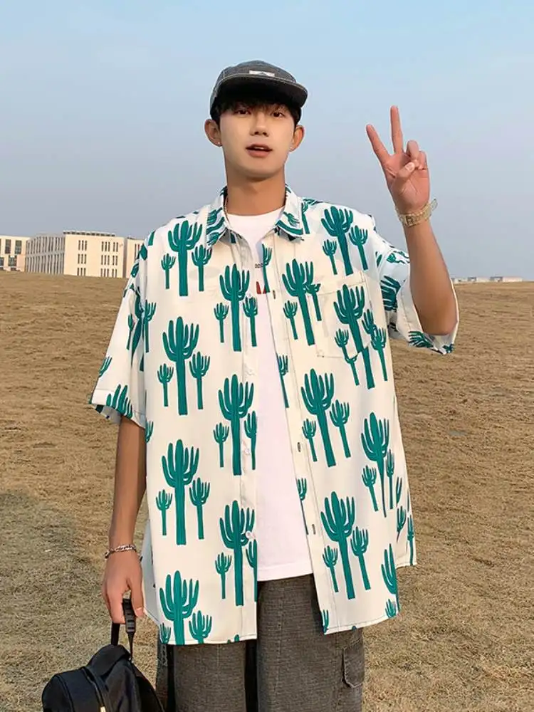 

Loose Fit Men's Summer irt Casual f Sve Vintage Large Size Jaet Breathable Printed ket Button down Youth Faion