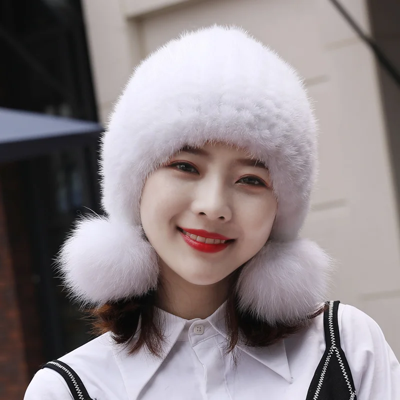 Real Mink Fur Hat With Pom Pom Fox Fur Ball Winter Women Beanies Hats Natural Fur Snow Caps Ladies Thick Elastic Real Fur Hats