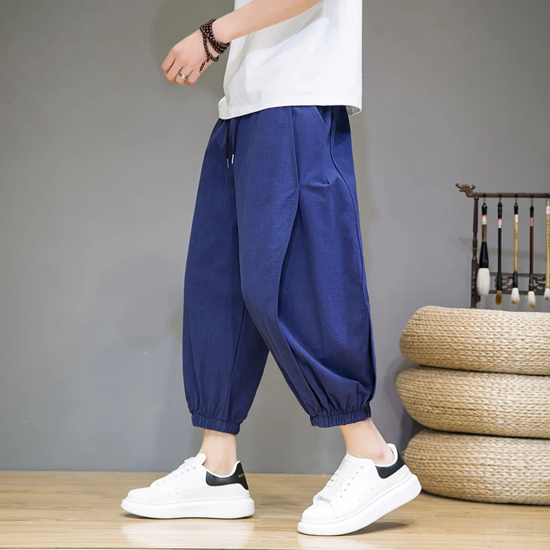 

Мужские летние повседневные брюки из льна свободного кроя с эластичным поясом, в стиле Харадзюку, тонкие, дышащие, из хлопка и льна