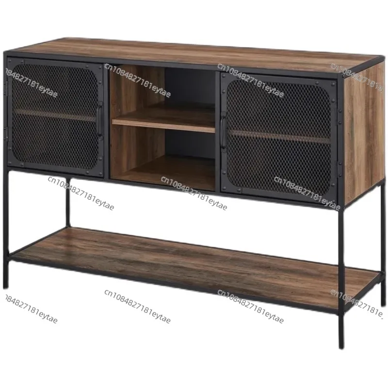 American Country Retro Loft Wrought Iron Solid Wood Double-Layer TV Cabinet, Bookcase & Sideboard Storage Chest