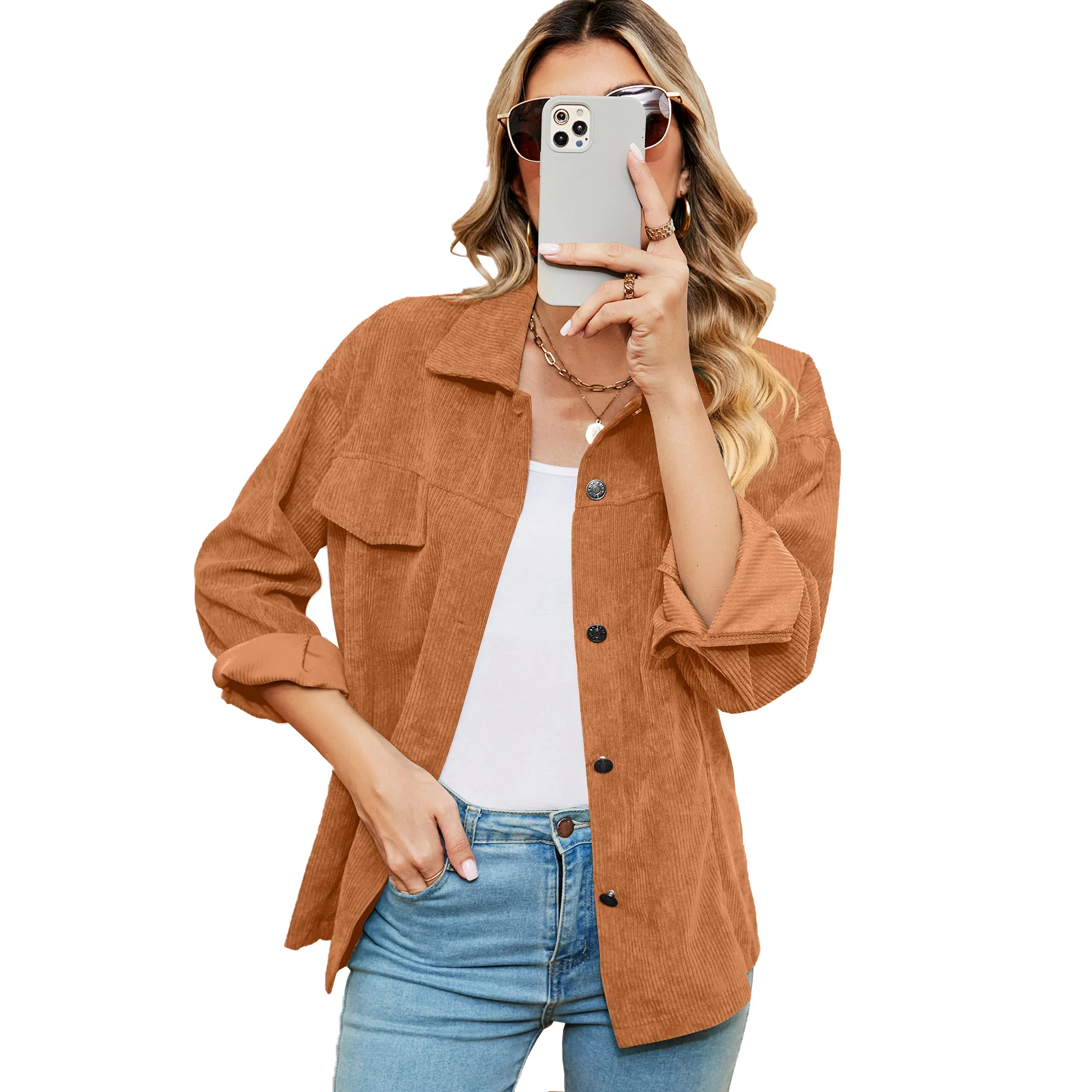 Women Long Sleeve Loose Cardigan Blouse Tops for Autumn Solid Lapel Neck Buttons