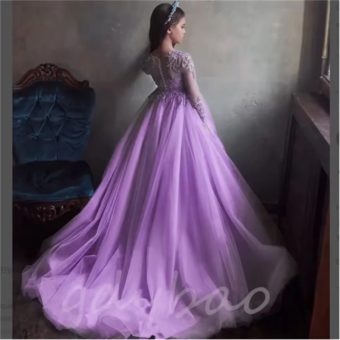 تول زهرة فتاة فستان الزفاف عيد ميلاد تول مطرز الأميرة الأزرق كامل الأكمام الاطفال فساتين حفلة التواصل الأول فستاين سهرة/فساتين الحفلات #2