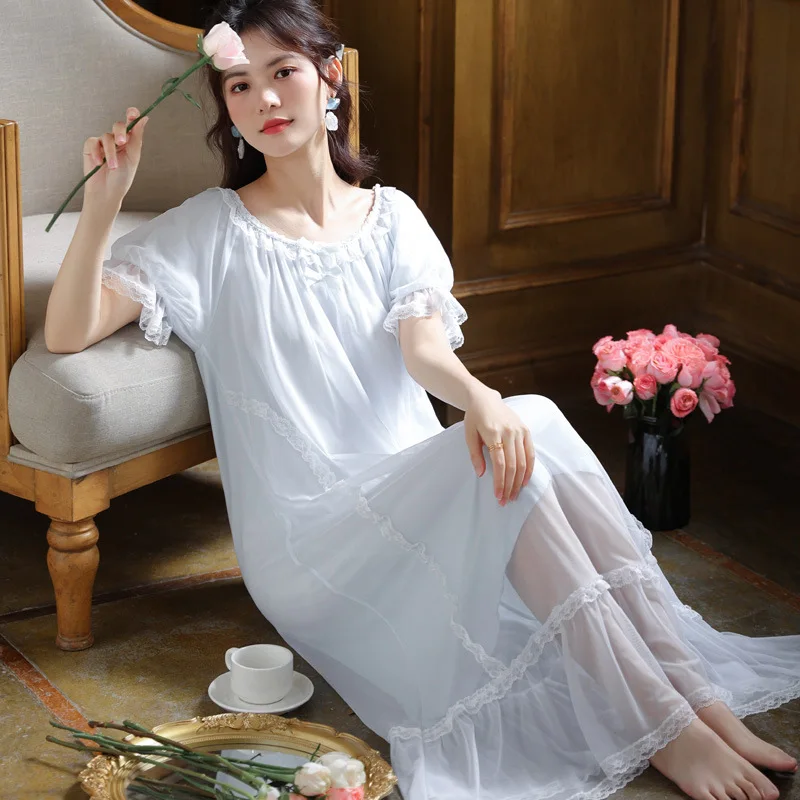 

Victorian Mesh Long Night Dress Women Summer Fairy Sleepwear Sexy Nighty Lace Peignoir Robe Vintage Nightgown Princess Nightwear