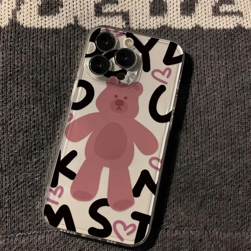 Ins Korean  Lovely Pink Bear Phone Case For iPhone 16 Pro Max 15 14 13 12 11 XR XS Max 7 8 Plus Y2K  Soft Anti fall Phone Case