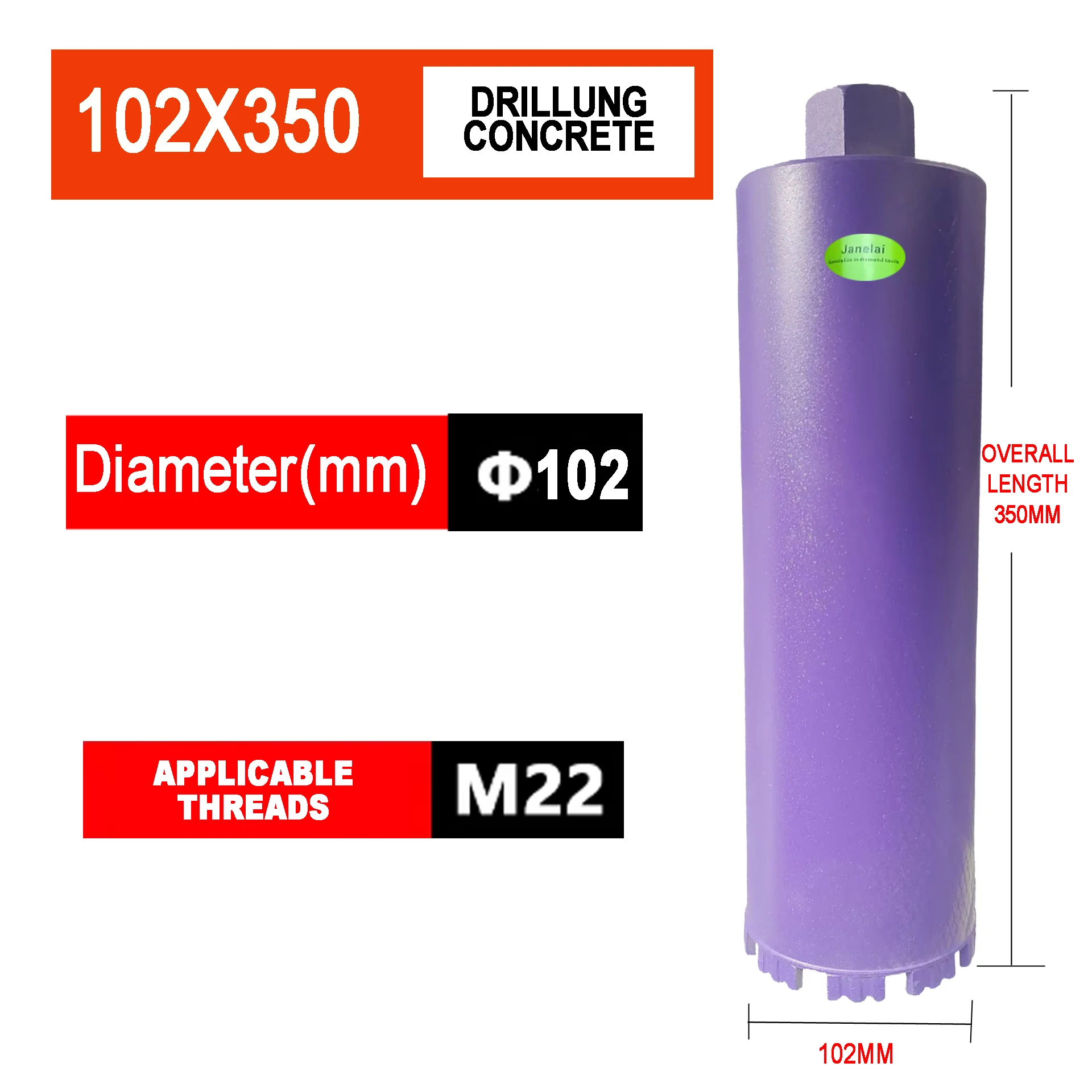 

Janelai Diameter Range 102x350mm Length Diamond Hole Saw Core Bit Deep hole drill For Drilling Holes On Concrete/Brick Wall