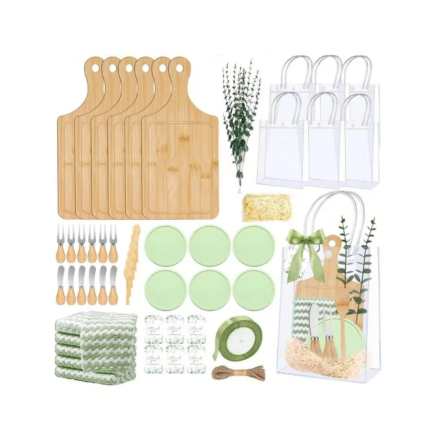 

6 Set Baby Shower Prizes For Game Winners Adults- 6 Set Bamboo Cheese Boards With Knives, Forks, Spoons, Towels, Eucalyptus And