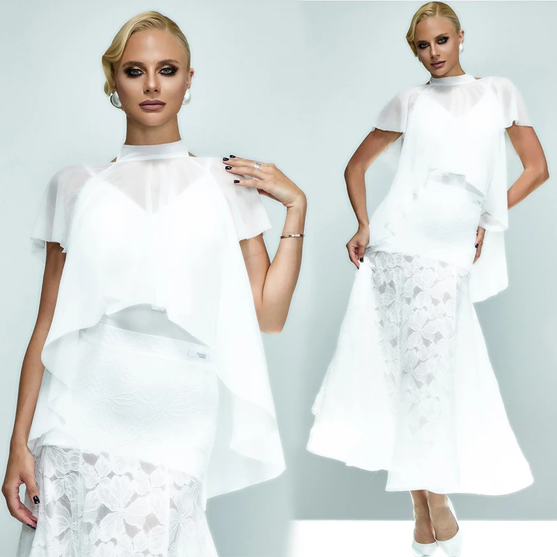 Robe de danse de salon pour femmes, hauts blancs, jupe en arête de poisson en dentelle, robe de concours de bal, vêtements d'entraînement de danse valse DNV24258