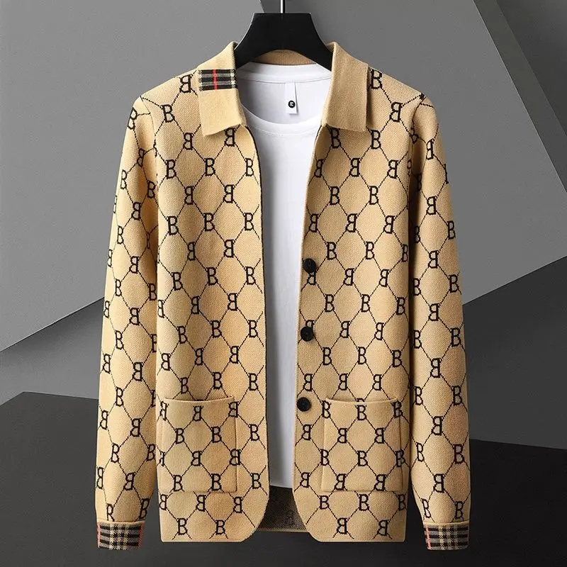 

Spring Autumn New Men Luxury Cardigans Sweaters Lapel Printing Knitted All-match Chic Long Sleeve Business Casual Fashion Coats