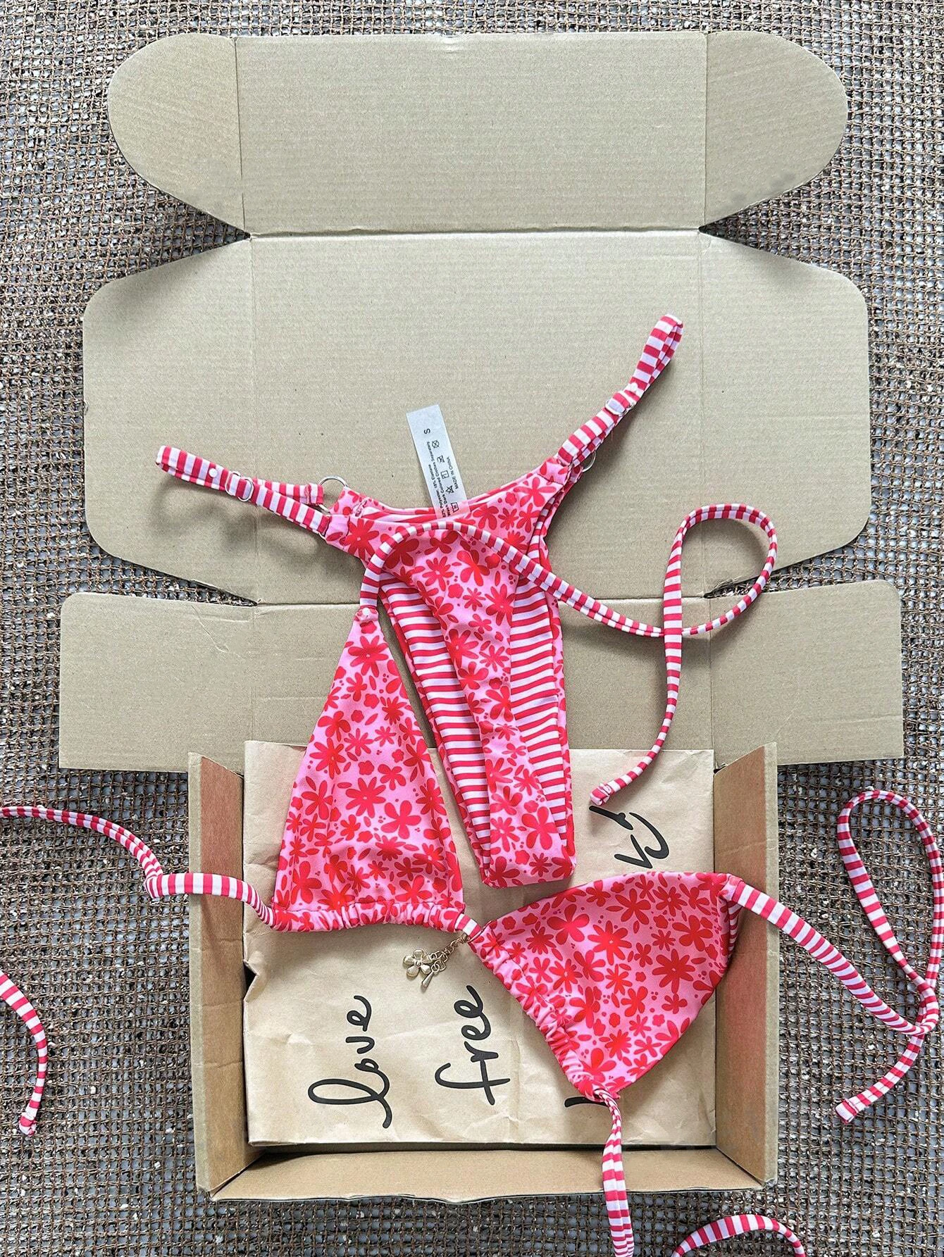 Women Floral Striped Triangle Bikini Set Adjustable Strap Tie Side Two Piece Swimsuit Pink Beach Bathing Suit