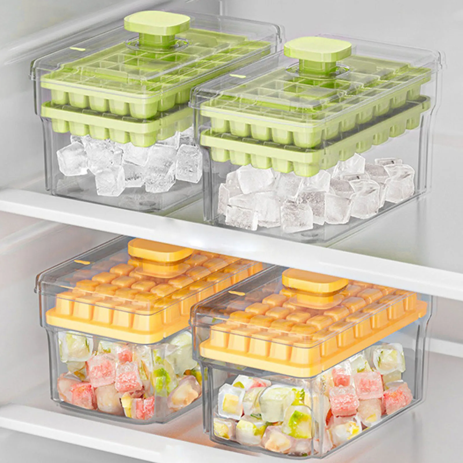 Easy Release Press Type Ice Cube Mould 48 Grids for Freezer with Lid and Bin Scoop Stackable Spill- Kitchen Accessories