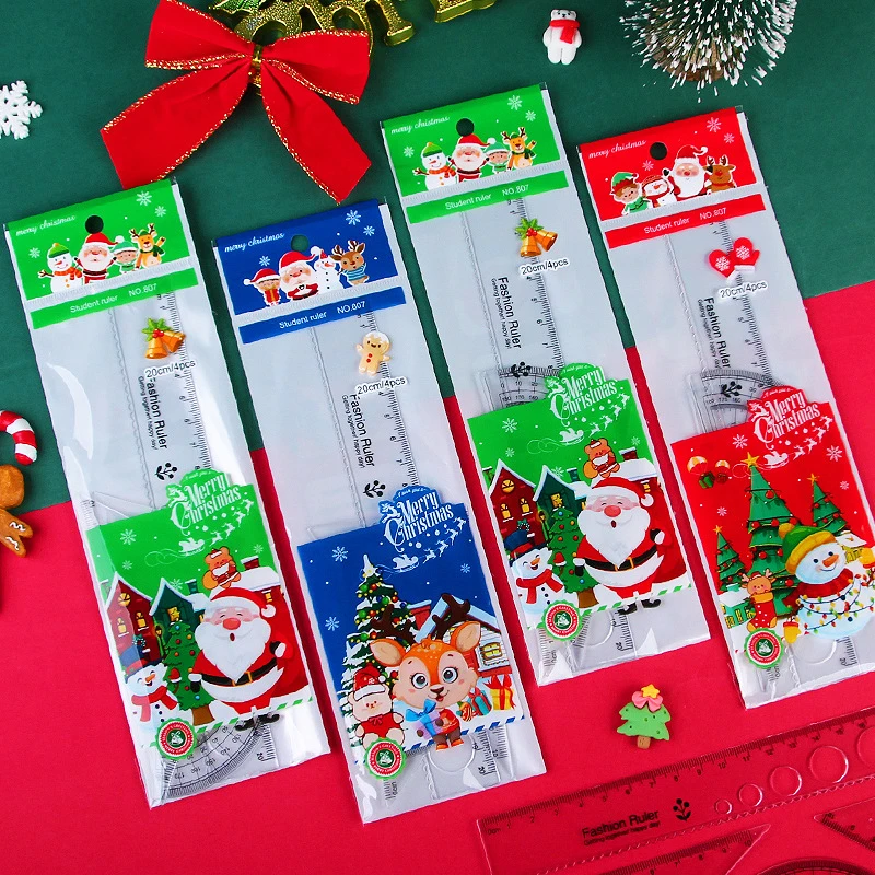 4pcs Cartoon Christmas Straightedge Ruler Triangle Board Cute Christmas Gifts for Kids Kawaii School Stationery Supplies