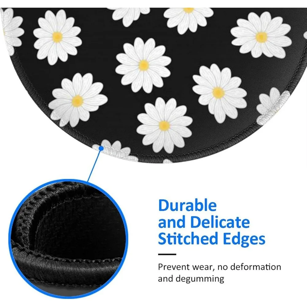 Alfombrilla de ratón redonda para juegos con estampado de margaritas blancas de 8 pulgadas con base de goma antideslizante y borde cosido