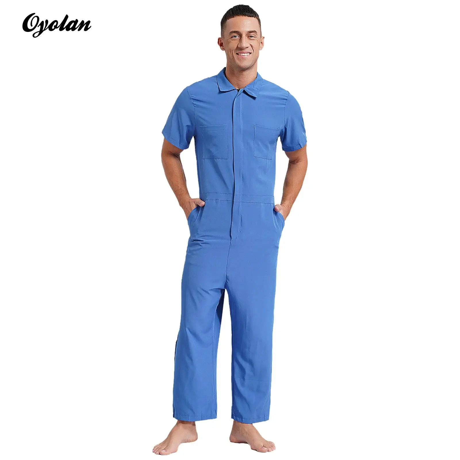 

Mens Stylish Rompers Dungarees Coveralls Wear Resistant Work Overalls Jumpsuit Shorts Sleeve Front Zipper Multiple Pockets