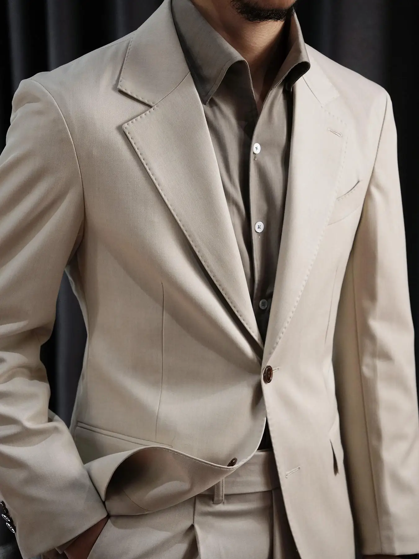 

SUITSMAN Spring Summer Casual Wedding Men's Light Apricot Suit Pants Double Slit Stand Fit Faion Urban Sle Two Buttons