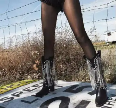 

Women Black Pink White Leather Bling Crystal Tassel Diamond Mid-calf Boots Female Pointed Toe Slip On Block Heel Short Boots