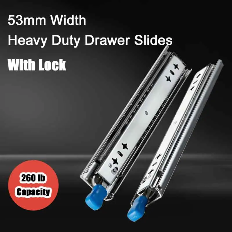 

53mm Width Heavy Duty Drawer Slides With Lock Ball Bearing Three Fold Full Extension Runners 260 lb Capacity Full Extension Ball