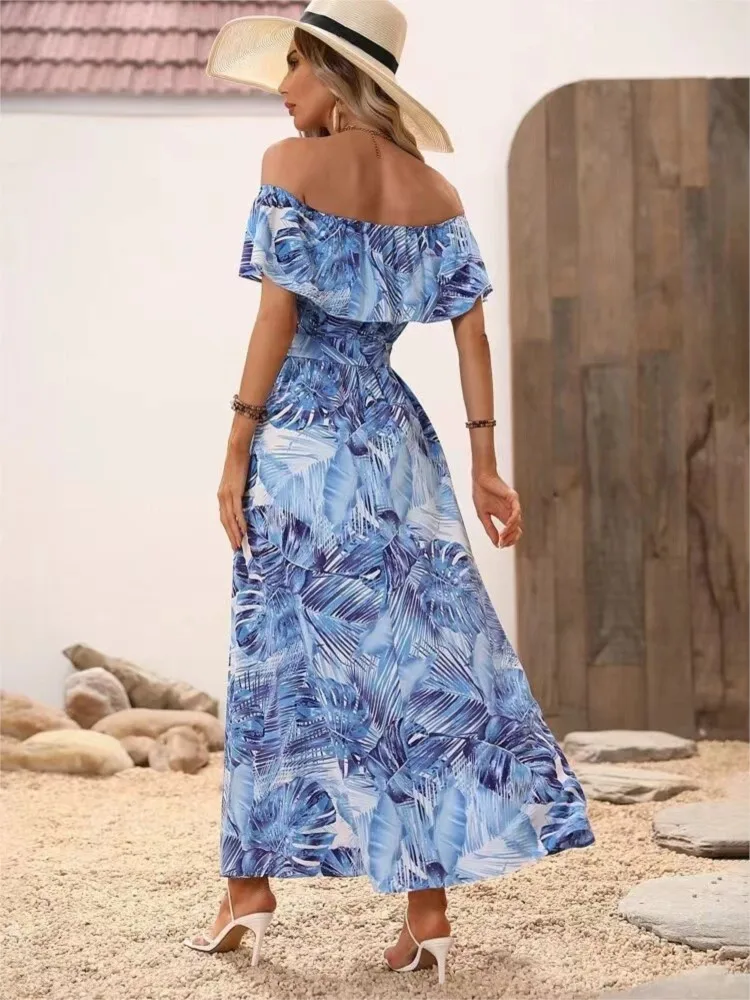 Women Summer New Sexy One Line Collar Strapless Ruffle Edge Lace Up With A Split Waist Dress Fashionable Printed Ruffle Sleeves