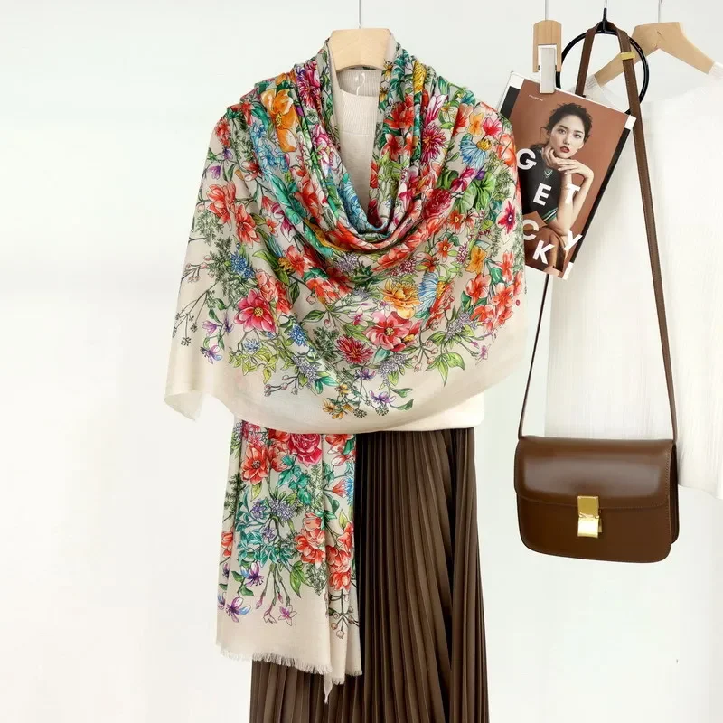 High-end Elegant Women Exquisite Flower Sea Dreamland Printed Quality Water Soluble Wool Handcrafted Fringe Long Scarf Shawl