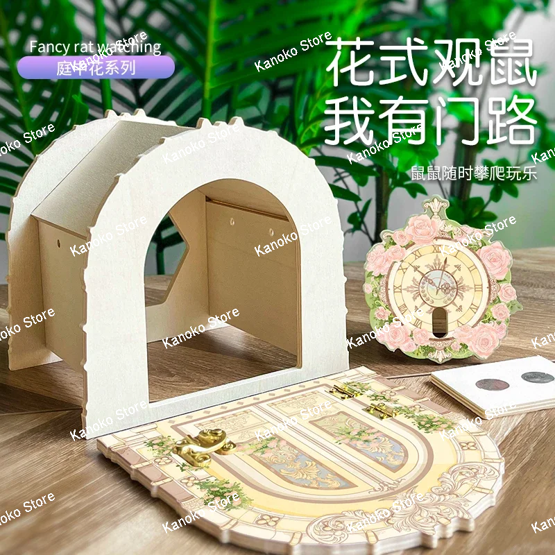 Serie de patio de flores, casa de hámster de madera, jaula para animales pequeños, suministros de paisajismo, accesorios para ratas, nido de rato Pygmy Chipmunk