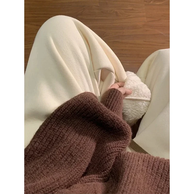 Korean Thick Plush Woman Sweatpants Drawstring Elastic Hight Waist Casual lady Winter Sport Pants American Female Wool Tourse