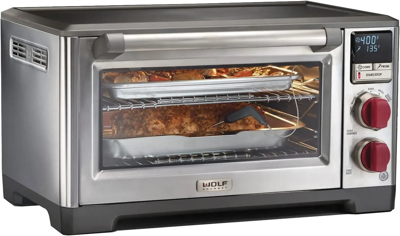 Wolf Gourmet Elite Digital Convection Toaster Oven with Temperature Probe, Stainless Steel and Red Knobs