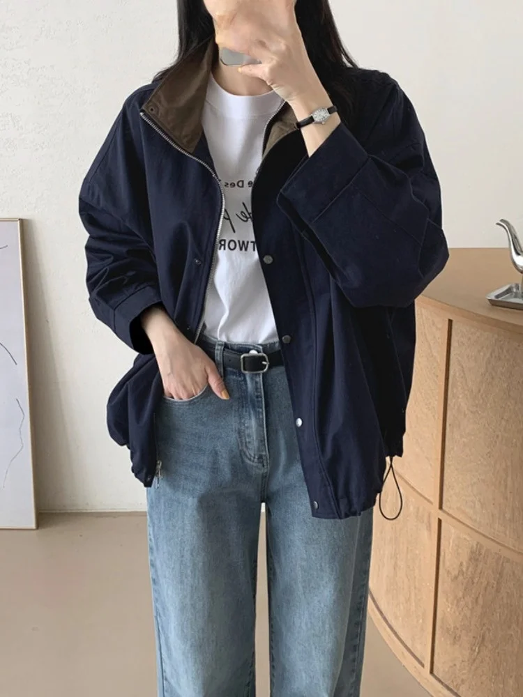 Chic automne nouveau Sle décontracté ample longue Sve fermeture éclair Jaet manteau col montant Dstring ourlet femmes pull en ligne exclusif