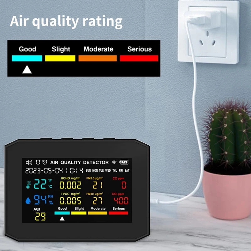 مراقبة جودة الهواء في الأماكن المغلقة، مع عرض تاريخ الوقت وساعة منبه، شاشة ABS CO2 باللون الأسود