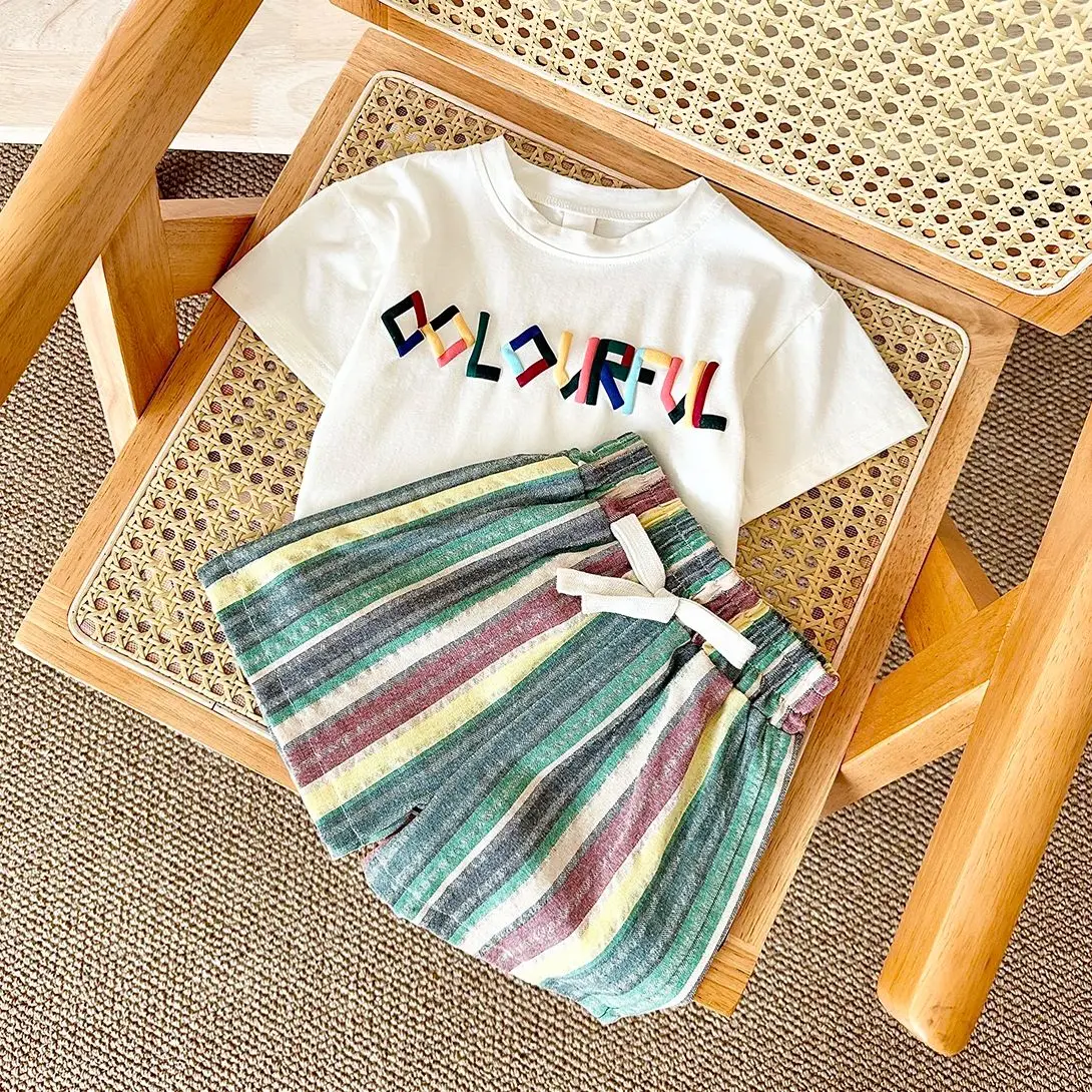 Summer Baby Clothes Sets Newborn Boys Casual Letter Puff Short-Sleeved Cotton T-Shirt +Color Bars Shorts Children Outfit Suit